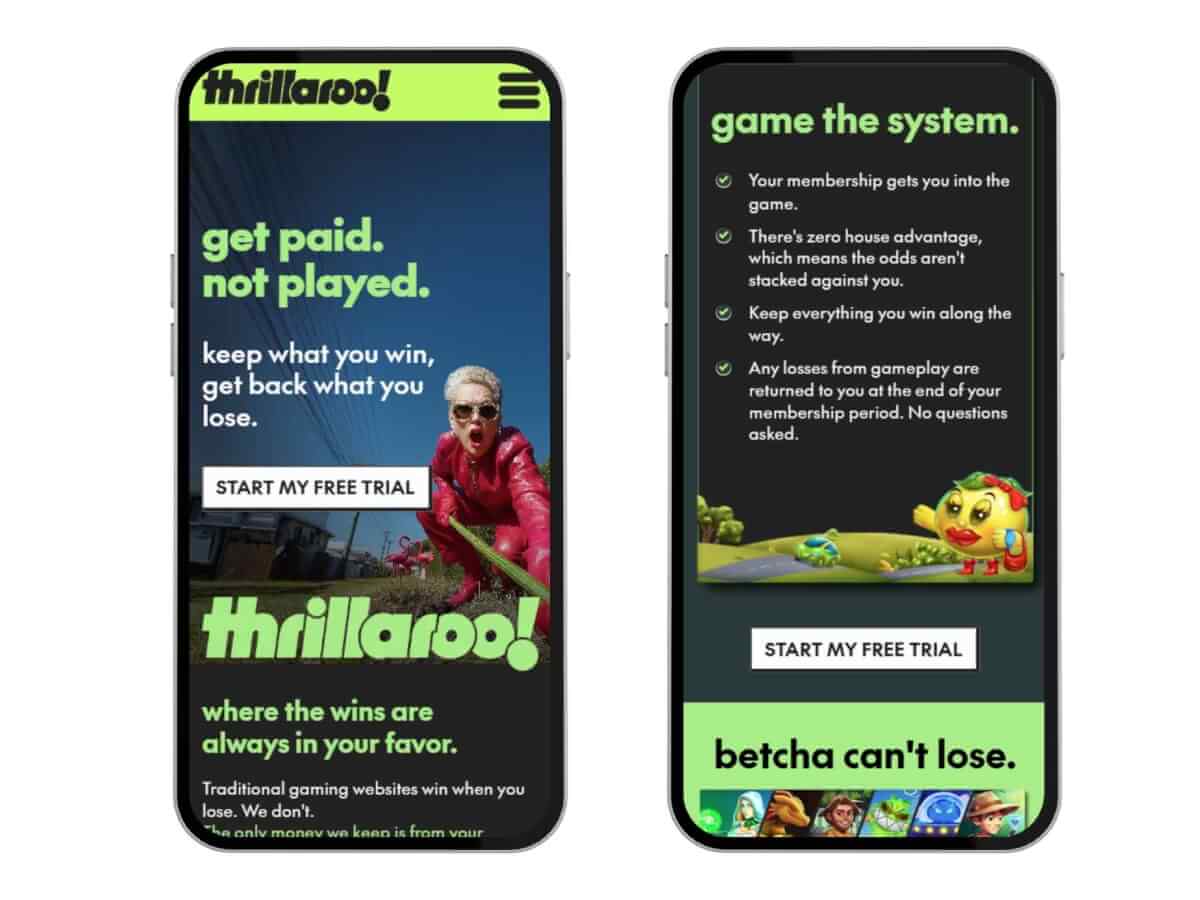 Thrillaroo homepage mobile screenshots