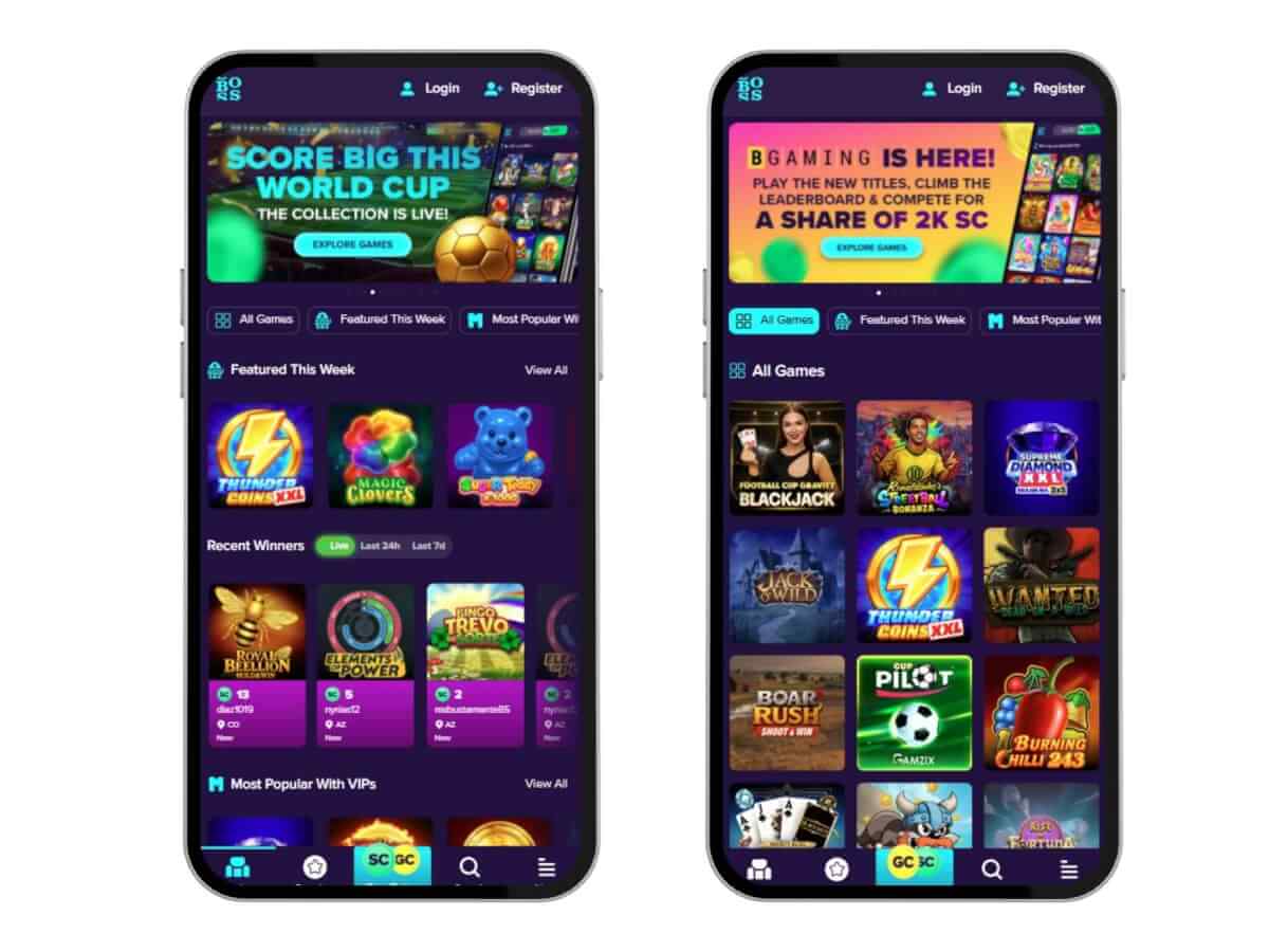 The Boss sweepstakes casino on 2 mobile devices