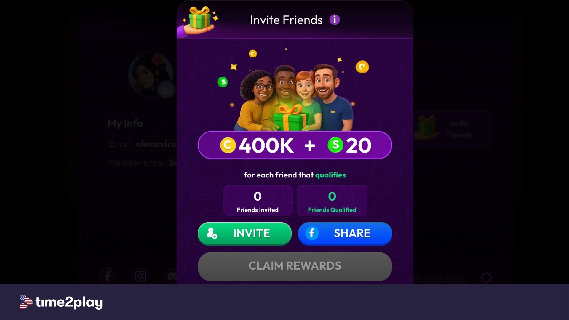 Screenshot of refer-a-friend window on Crown Coins