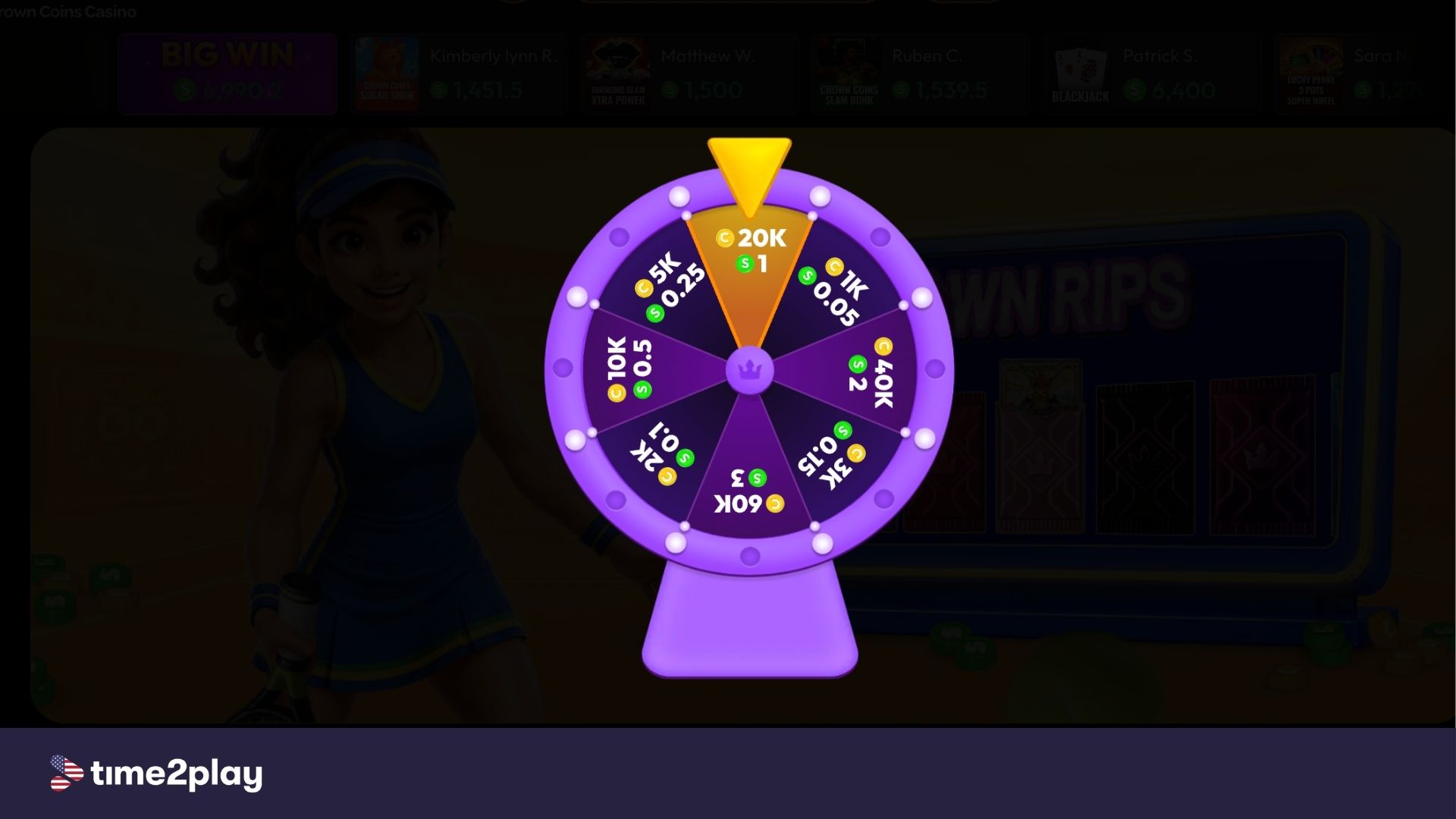 Screenshot of Crown Coins wheel of luck with free prizes