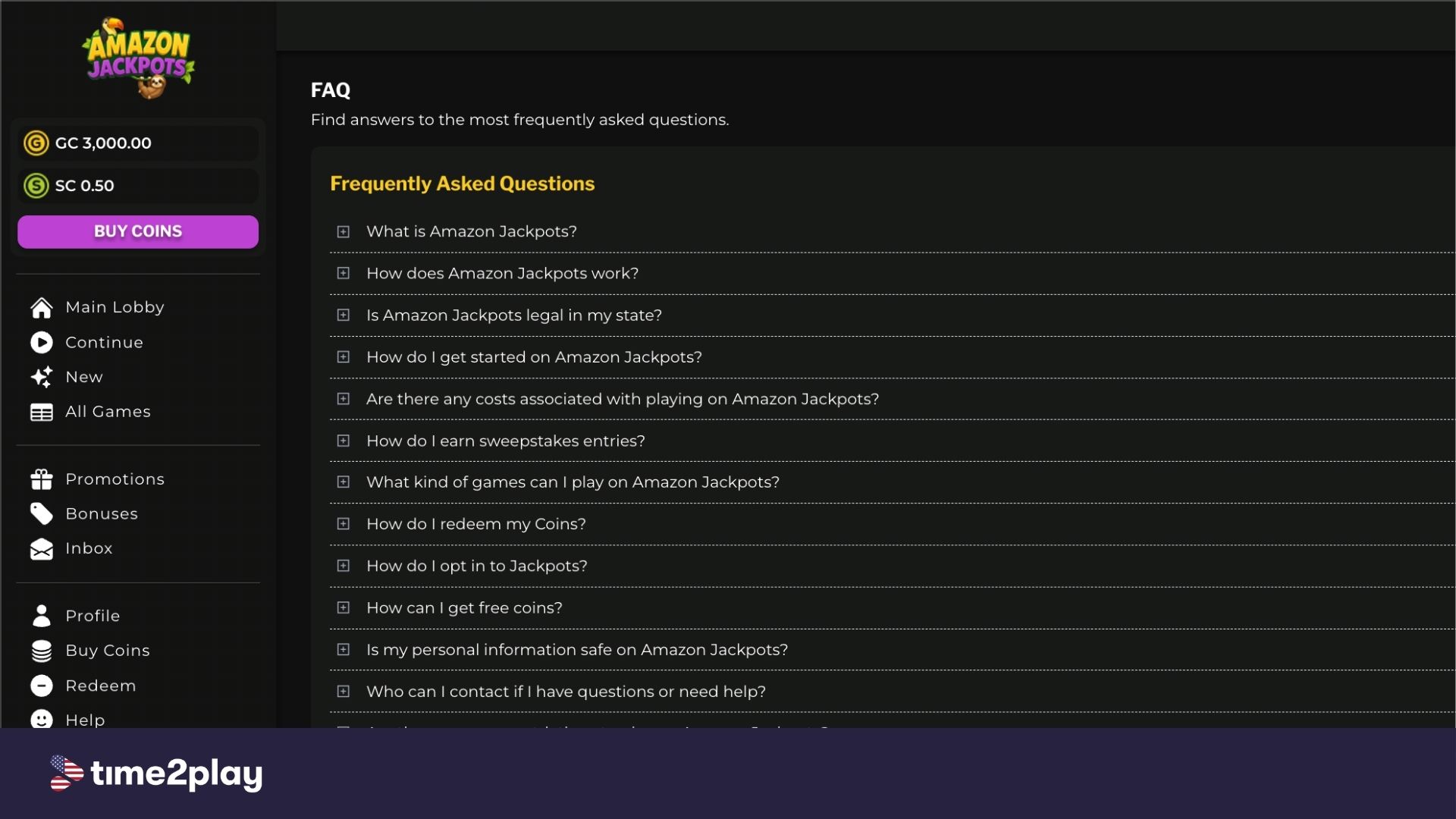 Amazon Jackpots FAQ page