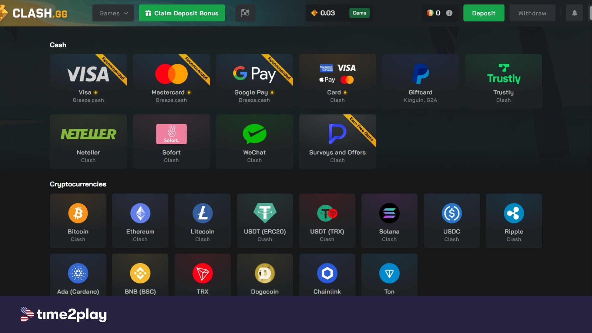Clash.gg available transaction options