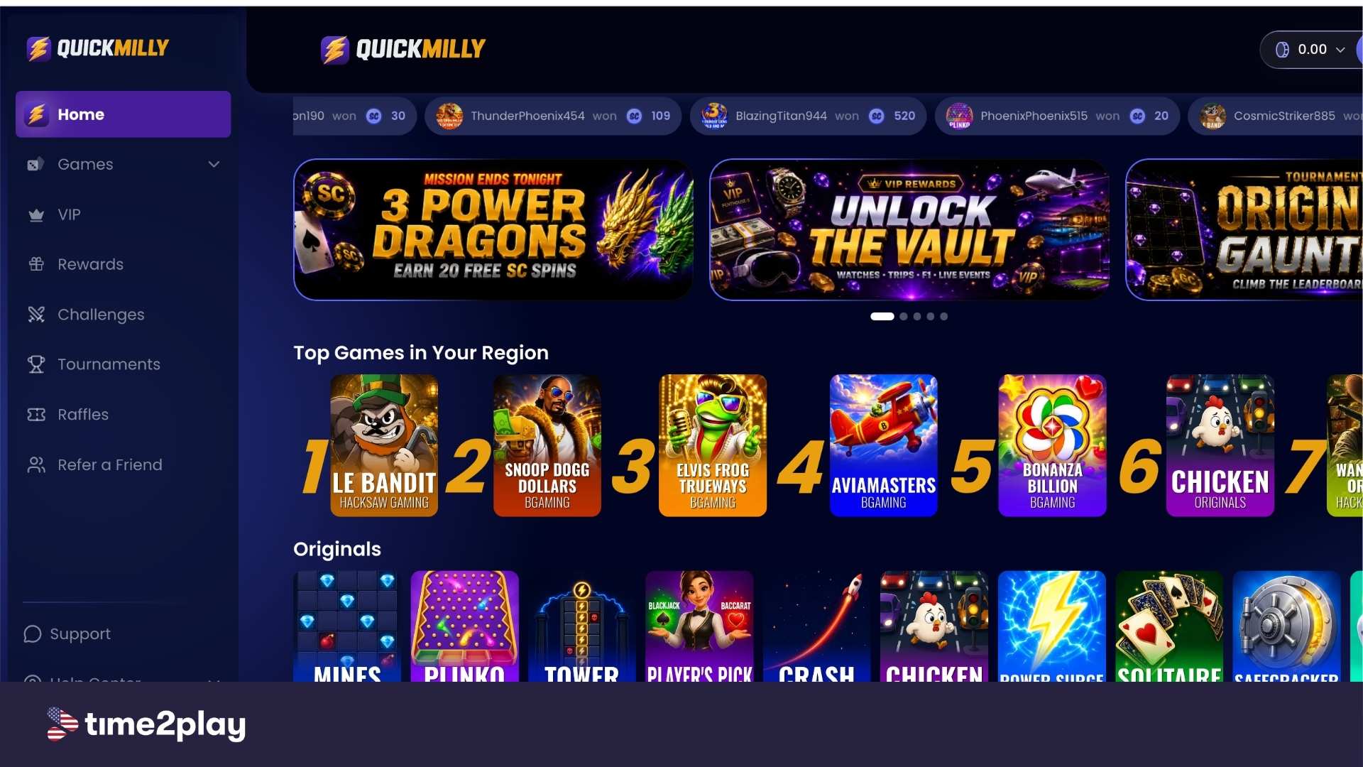 QuickMilly casino homepage screenshot