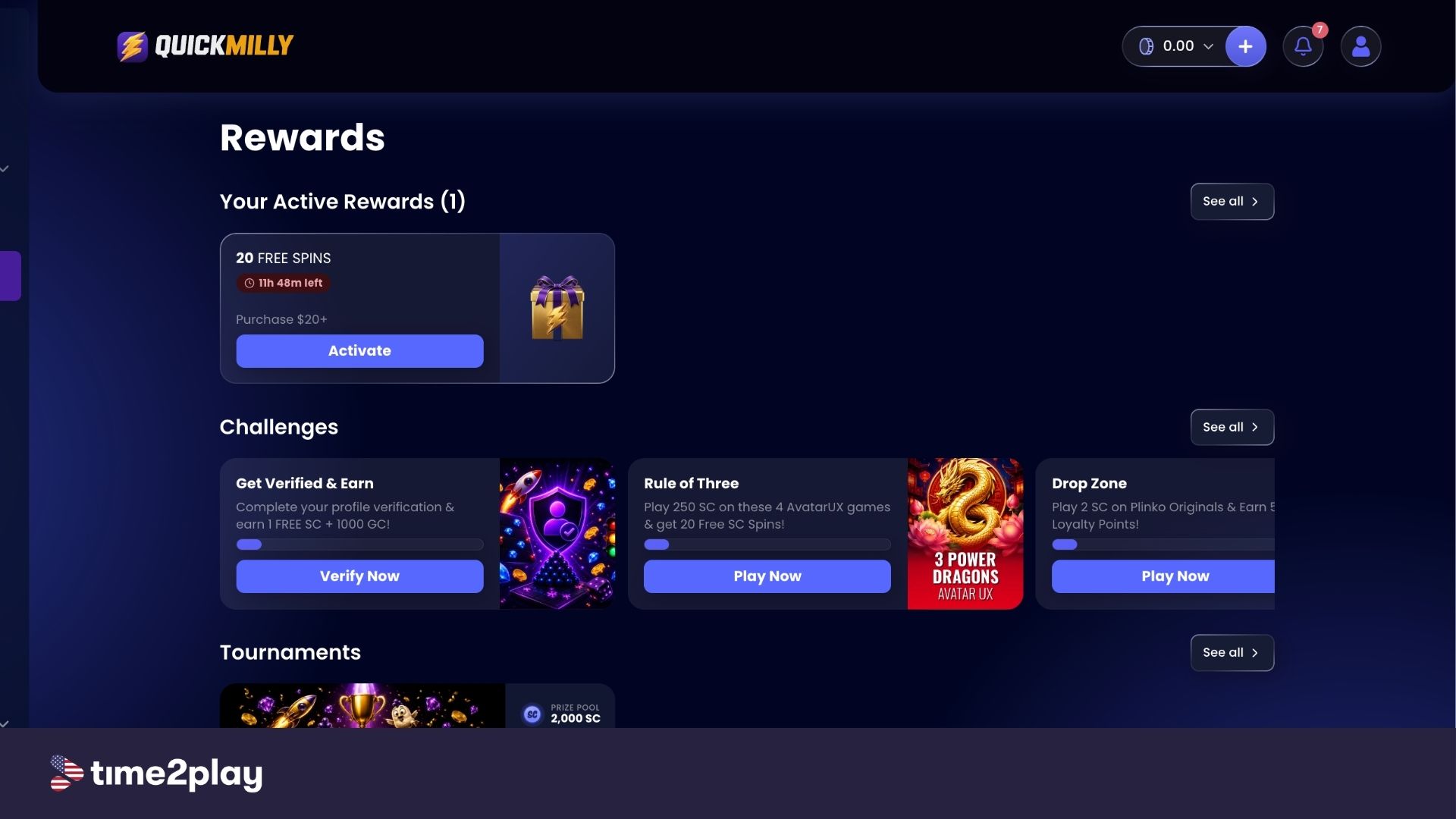 QuickMilly rewards page