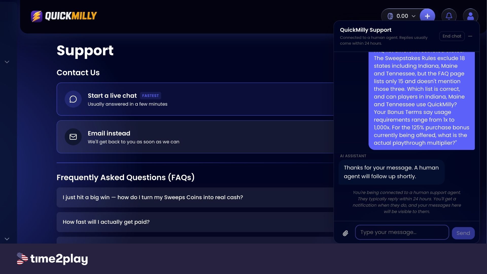 QuickMilly support options
