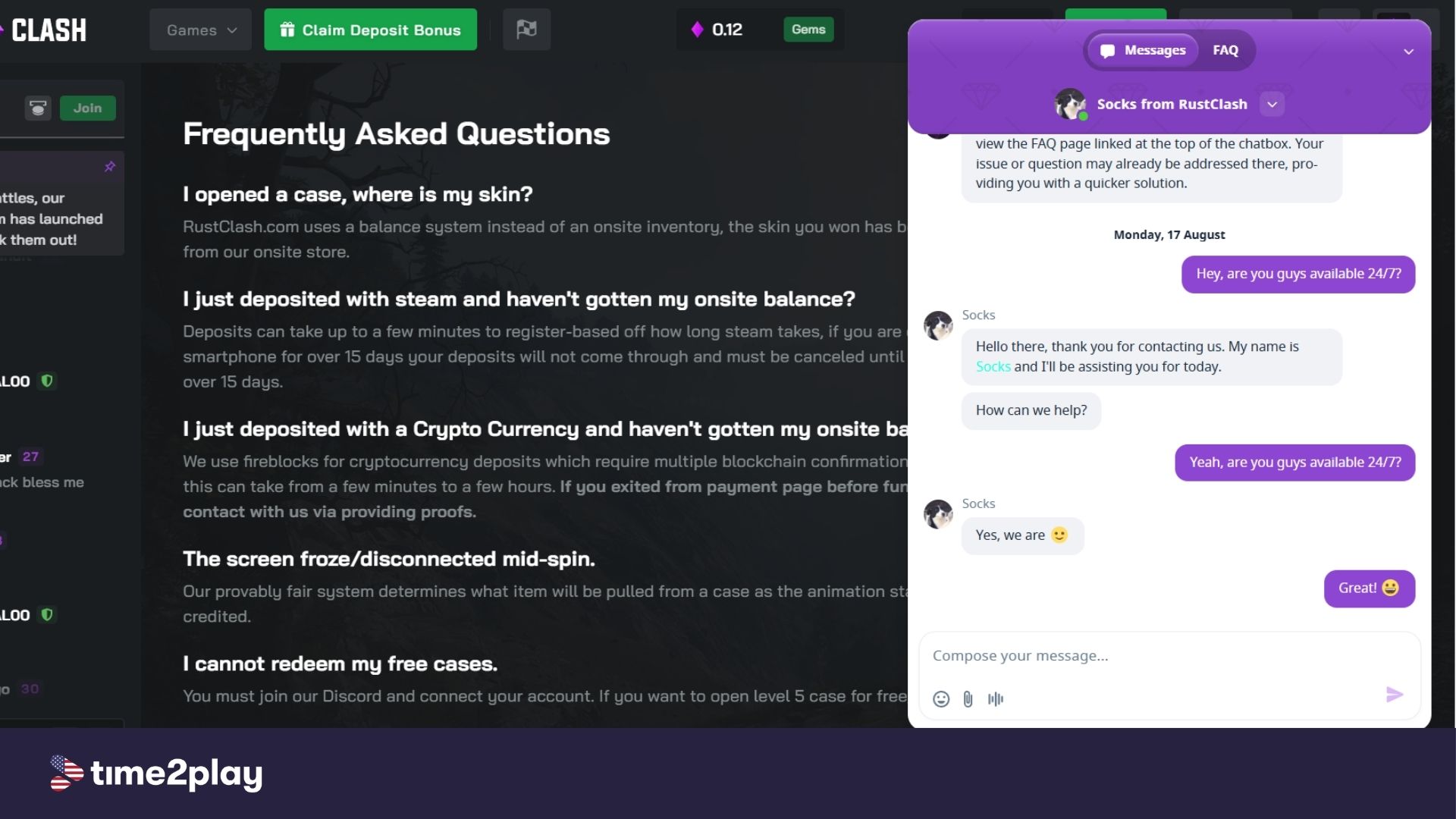 RustClash live chat and FAQs