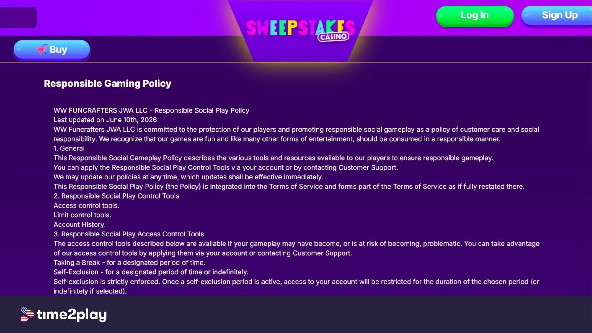 Sweepstakes Casino Responsible Gambling page