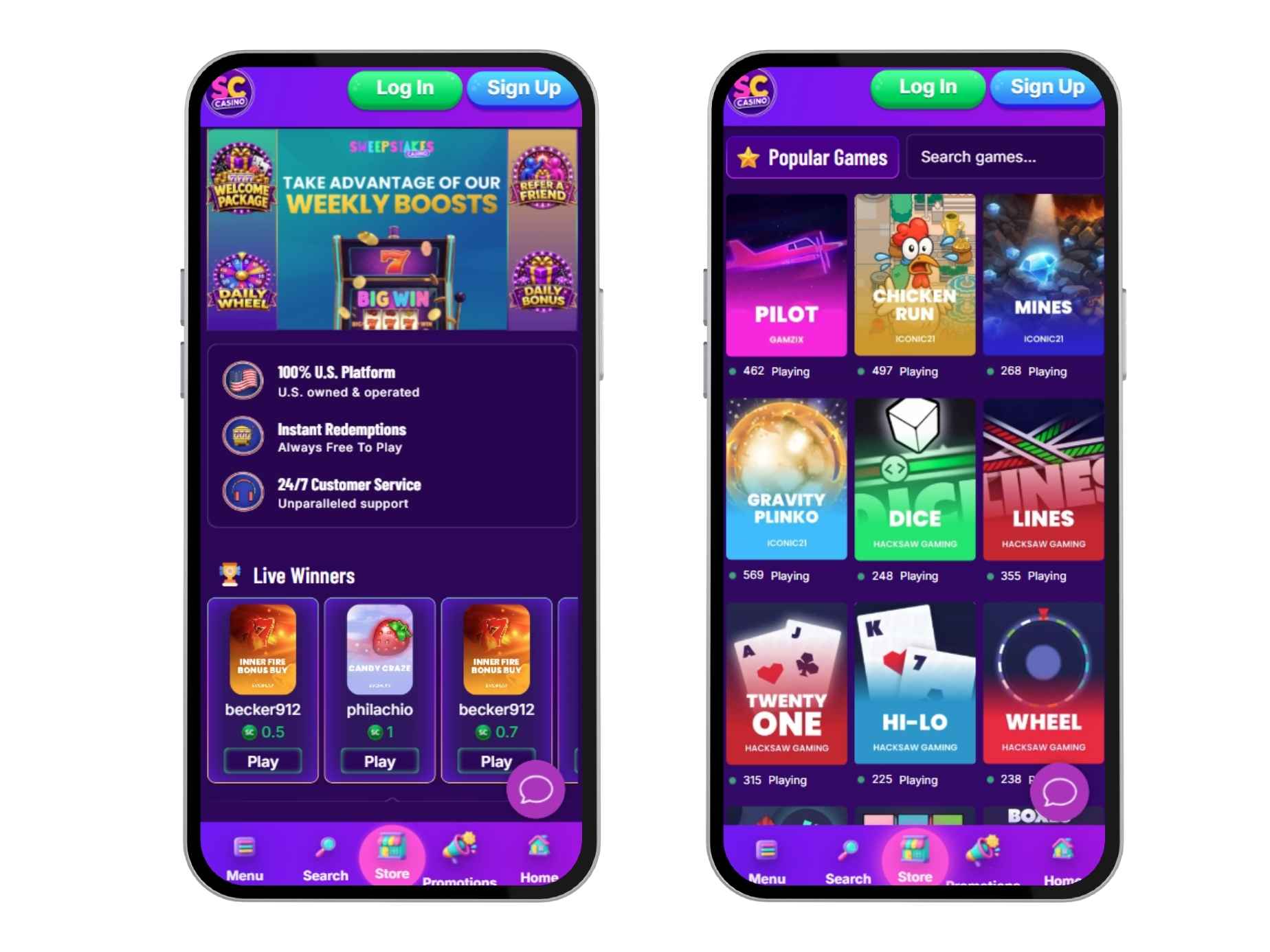 Sweepstakes Casino casino on two mobile devices