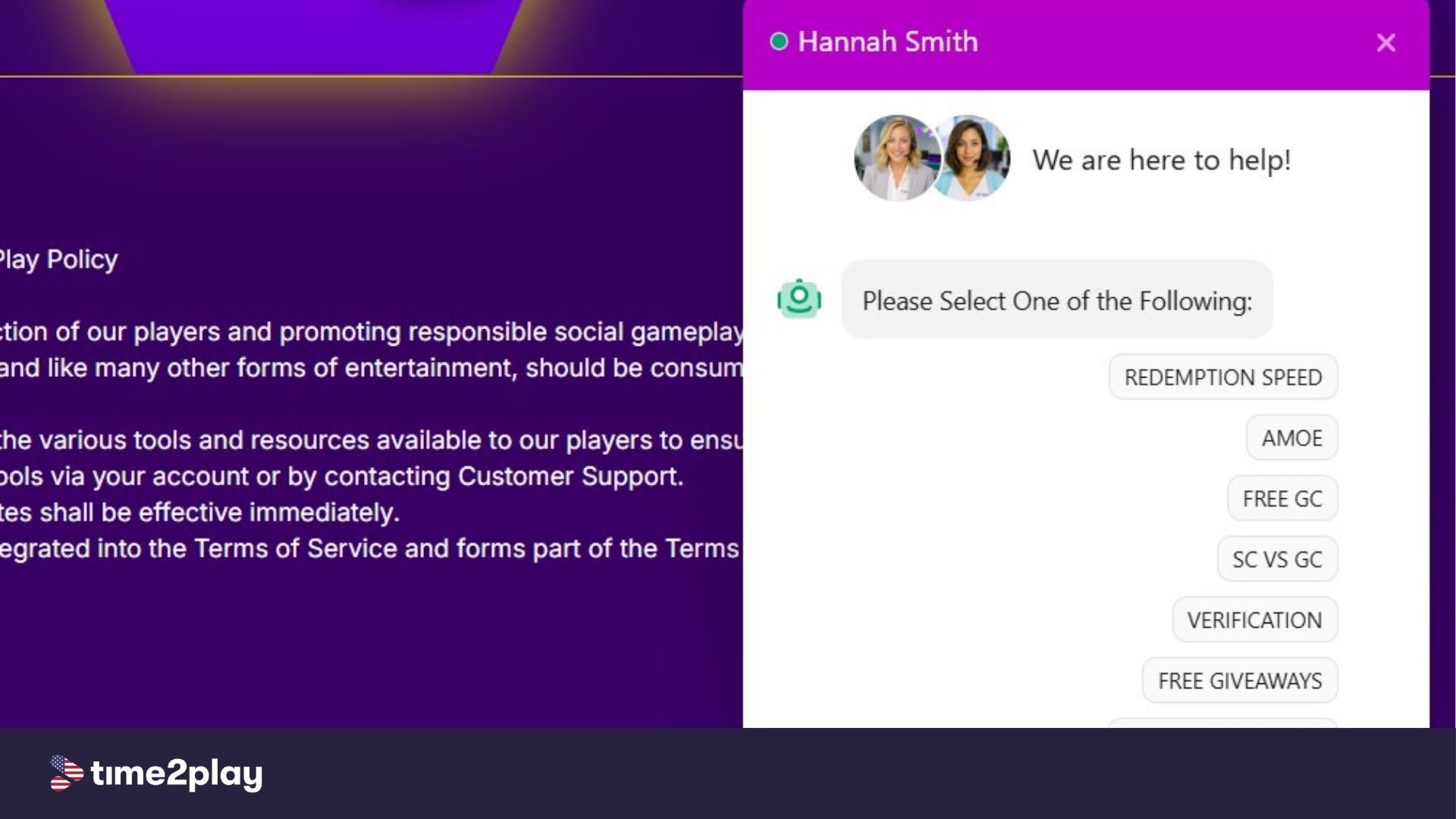 Sweepstakes Casino live chat support