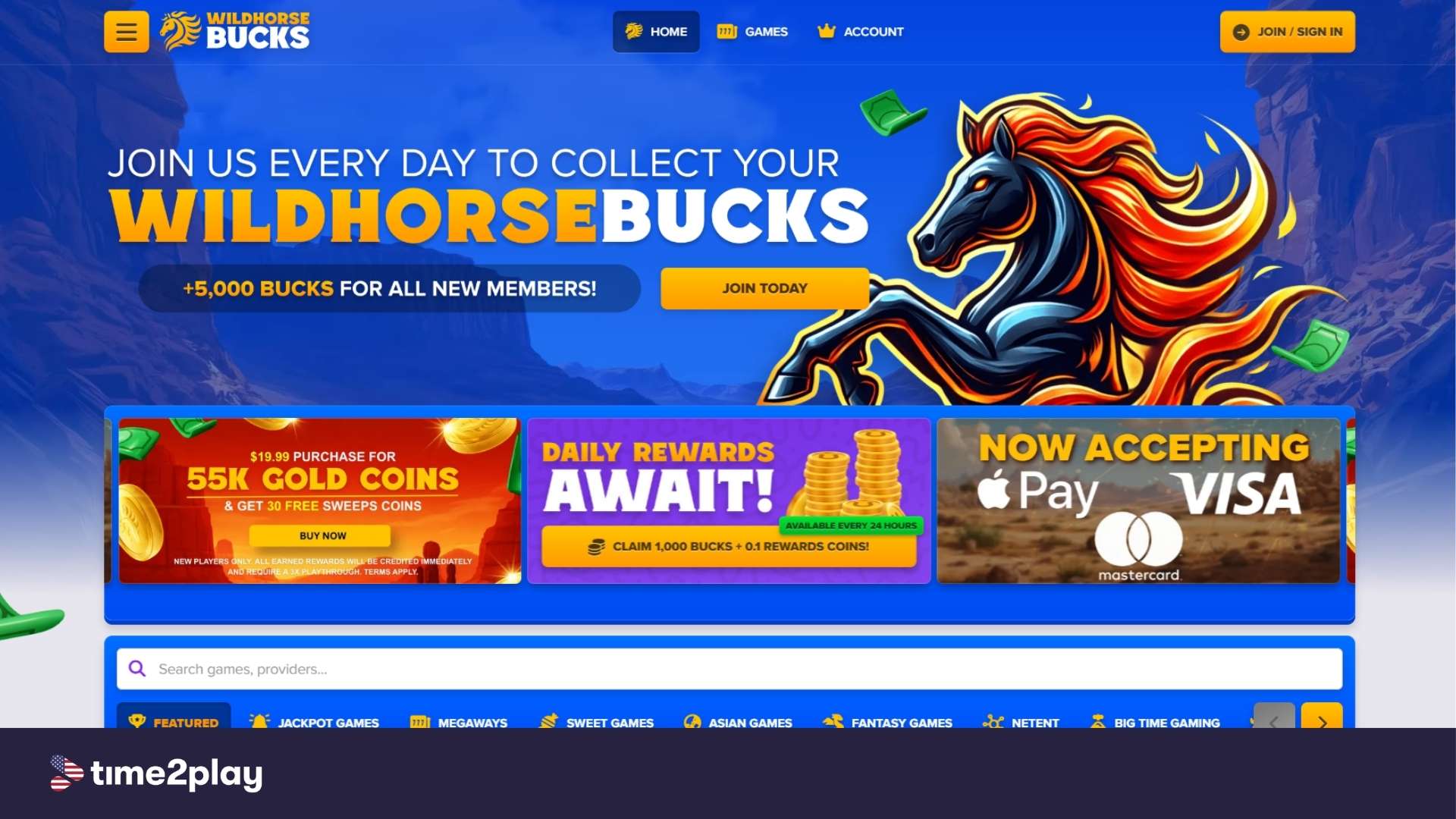 WildHorse Bucks homepage and welcome promo