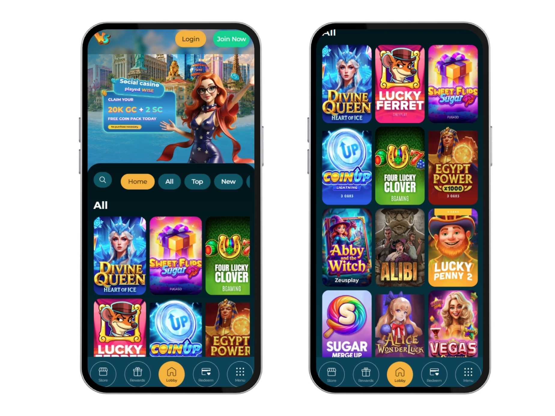 Wisespin casino on two mobile devices