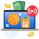 A basketball, jersey, and cash on a laptop