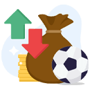 Up and down arrows next to a bag of coins, coin stacks, and a football