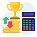 Calculator next to trophy and stacks of coins