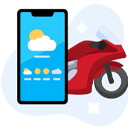 Phone showing the weather forecast next to a racing motorcycle