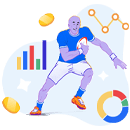 Rugby player next to various graphs, charts, and statistics