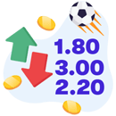 Three sets of betting odds next to up and down arrows and a soccer ball