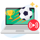 Soccer ball flying out of a monitor, next to a trophy and camera