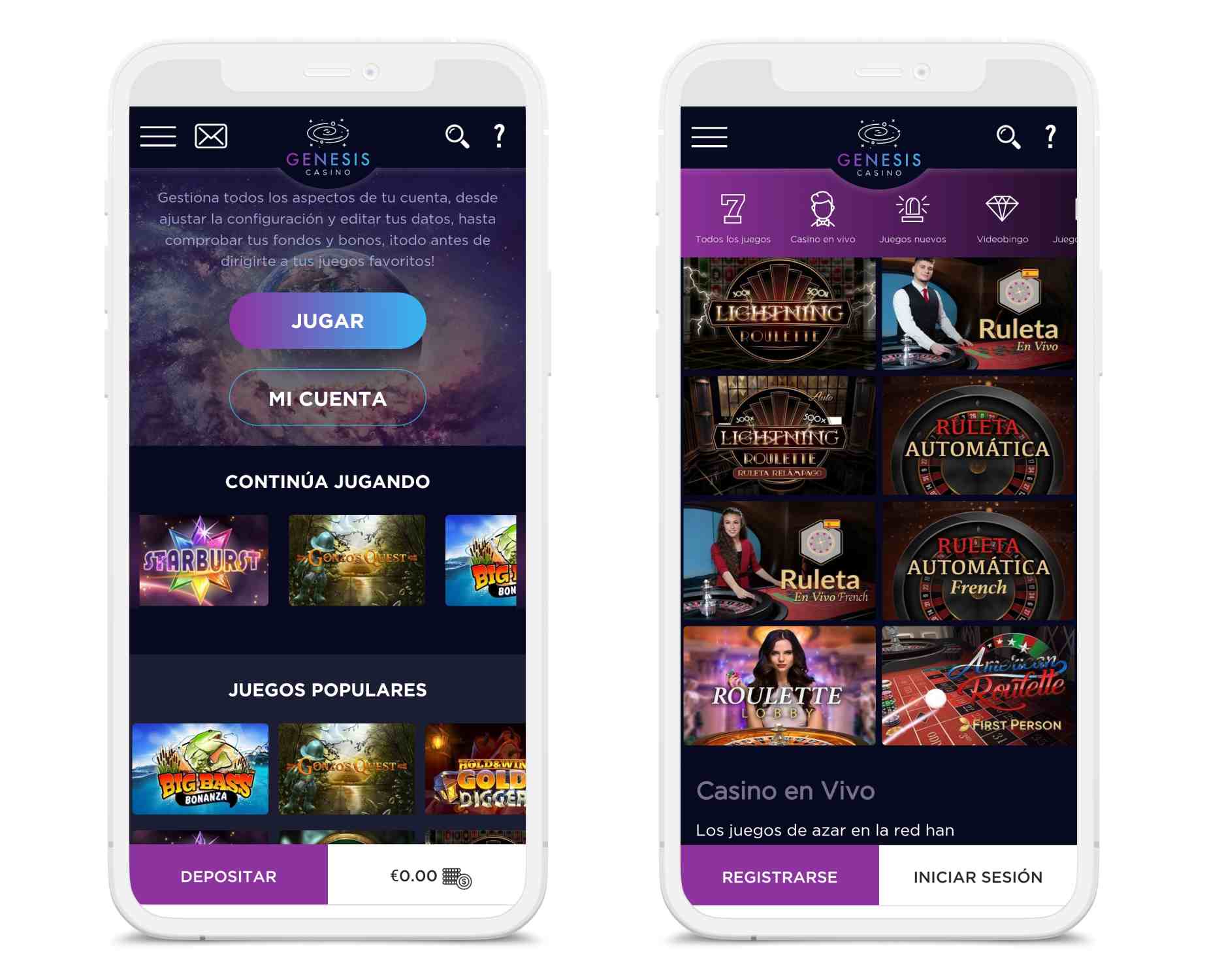 Dos pantallas de teléfono muestran Genesis Casino Online España Movil