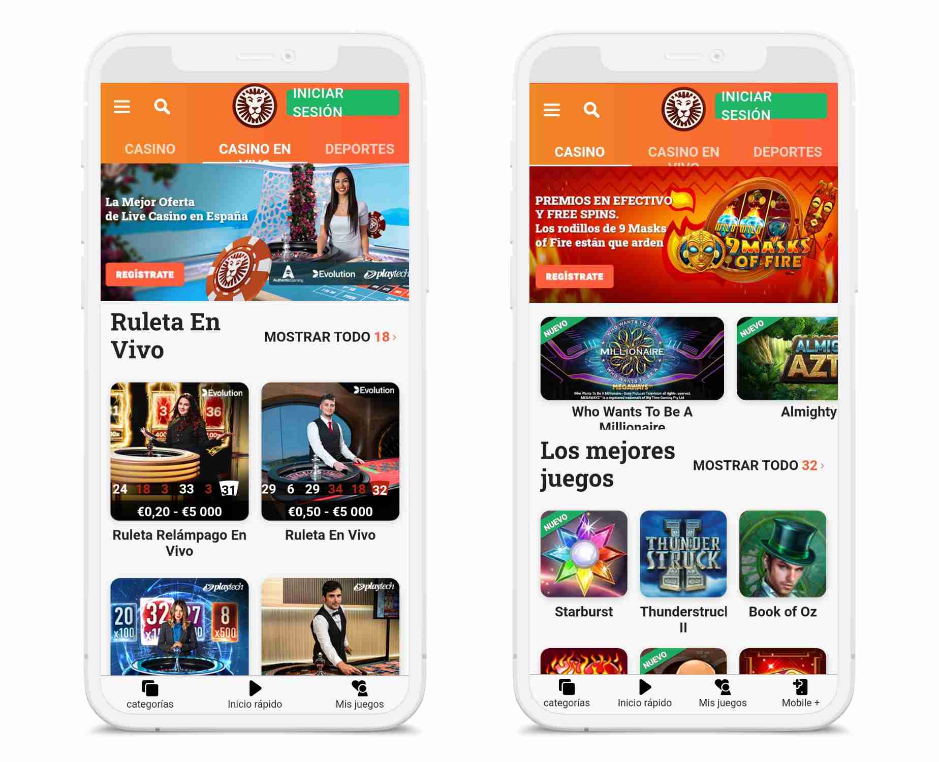 Dos teléfonos muestran la app del casino Leovegas Movil