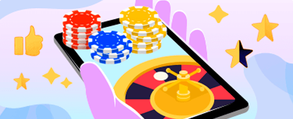 Dispositivo móvil con una ruleta en su pantalla y fichas de casino por encima