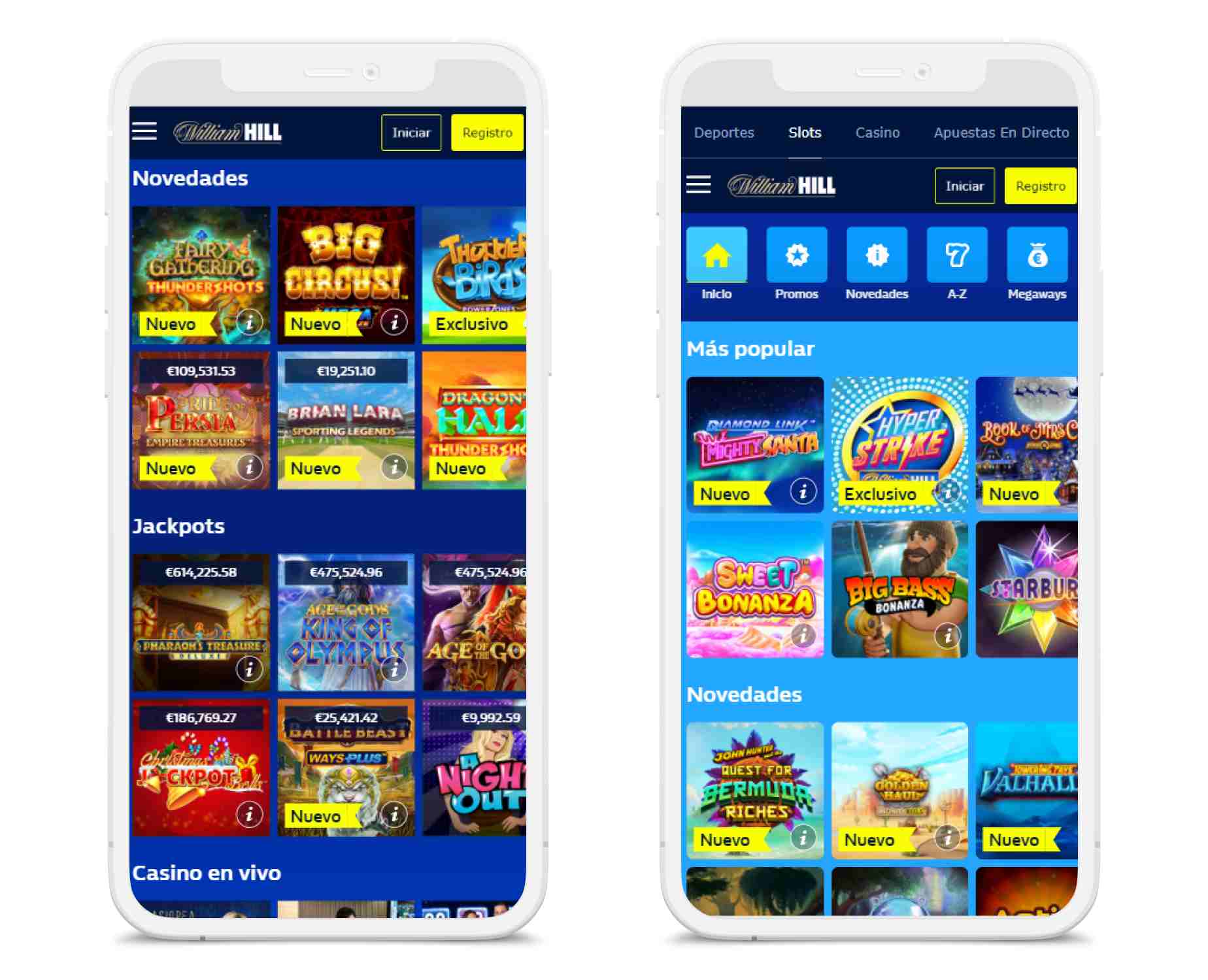 Dos telefonos motrando la App de William Hill Casino Movil