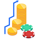 Tres monañas de monedas tras unas fichas de casino roja y verde