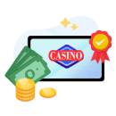 Varios billetes y monedas rodean un teléfono inteligente que muestra una aplicación de casino en pantalla con un sello de aprobación al lado.	