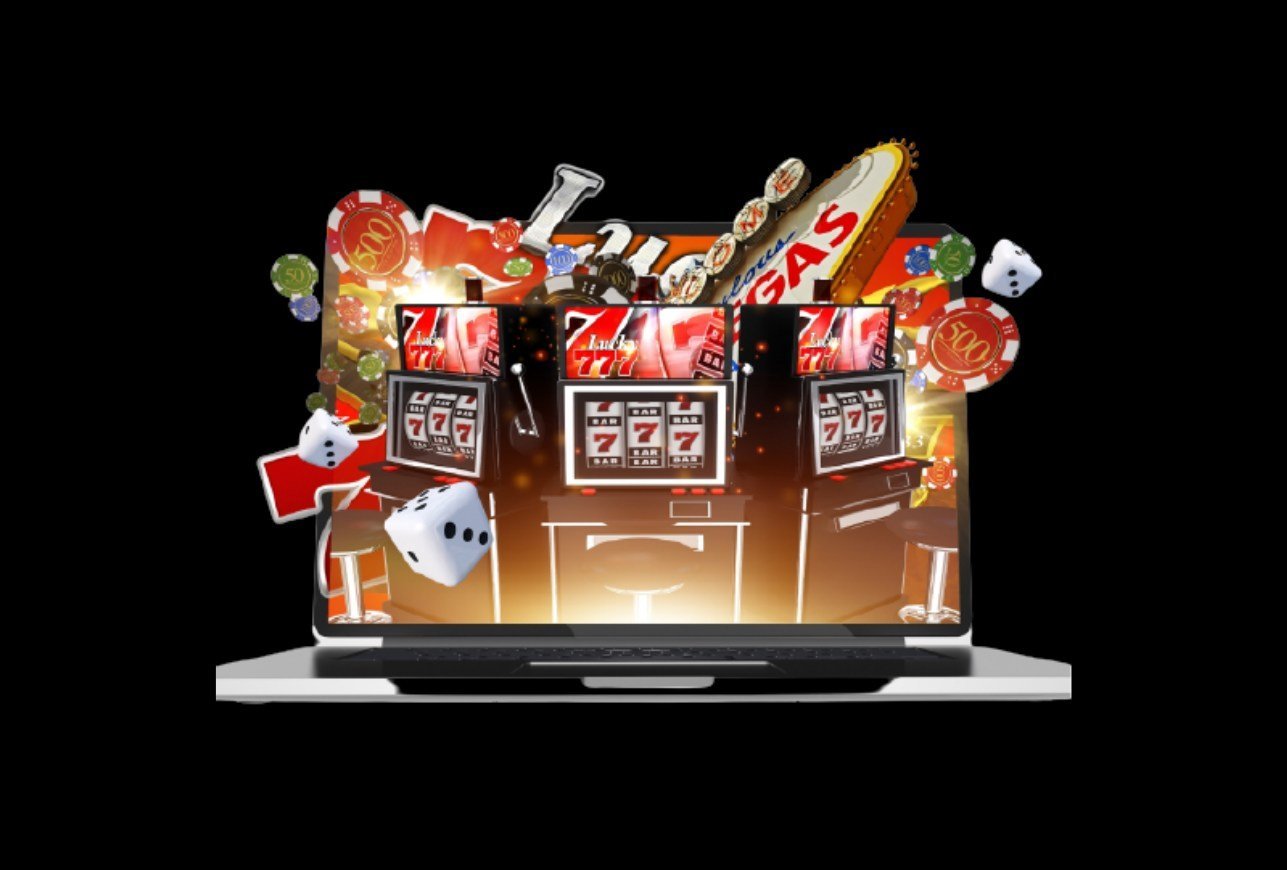 Pantalla de ordenador mostrando dados, tragaperras y otros símbolos relacionados con el casino