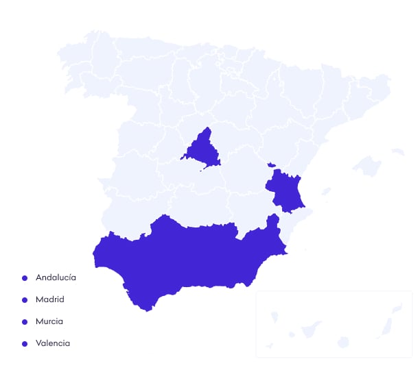 Mapa de España con las regiones de Madrid, Andalucía, Valencia y Murcia destacadas en azul oscuro