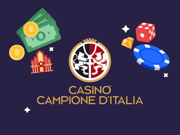 Il logo del Casinò di Campione d'Italia, delle fiche, delle monete, delle banconote, un diamante e un dado