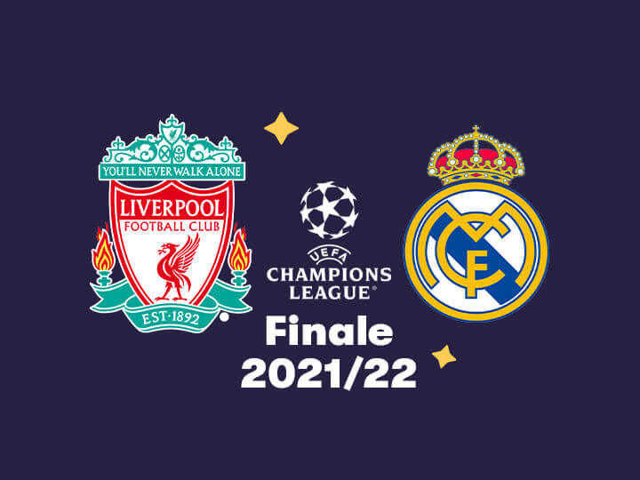 I loghi di Liverpool, Real Madrid e Champions League e la scritta Finale 2021/22