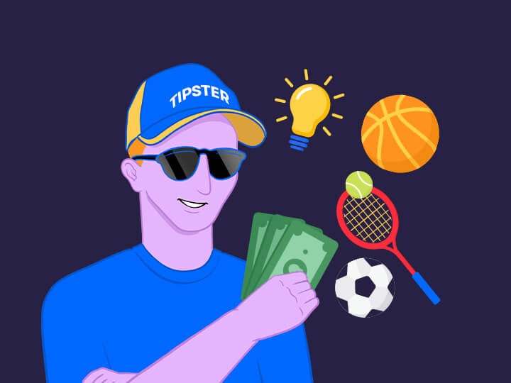 Un ragazzo con un berretto con la scritta Tipster, delle banconote, una lampadine, palloni da calcio e tennis e una racchetta con una pallina da tennis per il blog post sul social betting di Time2play