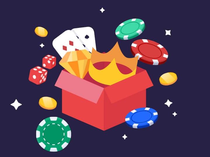 La stilizzazione di un pacco dono con una corona, un diamante, delle carte da gioco, dei dadi e delle fiche