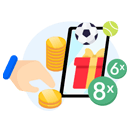 Uno smartphone collegato a un pacco regalo, con un pallone da calcio e dei simboli con il testo 