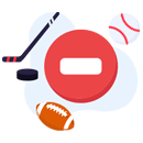 Un cartello di divieto, una mazza da hockey con un disco, un pallone da football e una palla da baseball