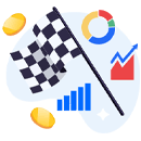 Una bandiera a scacchi, delle monete e dei grafici, a simboleggiare uno degli step per scommettere con i bookmaker Formula 1