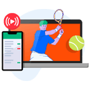 Un tennista in azione su un laptop e uno smartphone con l'icona Play