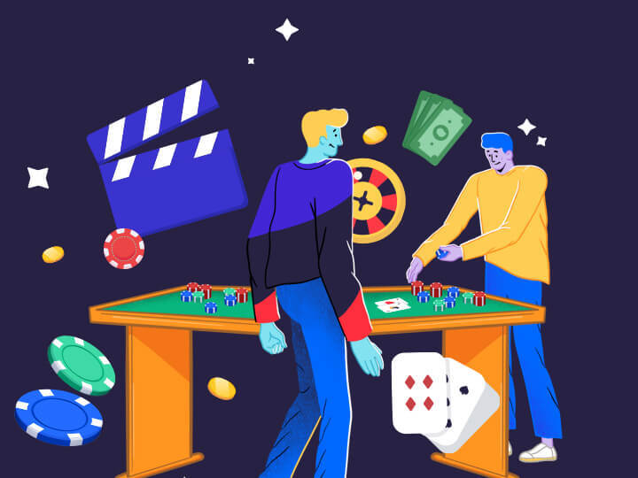 La stilizzazione di due ragazzi attorno a un tavolo da gioco, con delle fiche, delle carte, una roulette e delle banconote e un ciak.