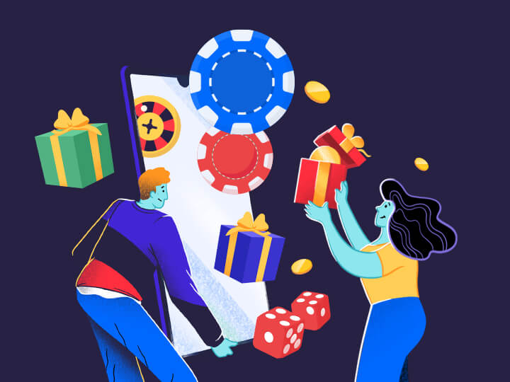 La stilizzazione di un ragazzo e una ragazza davanti a uno smartphone gigante, con i colori di Time2play, dei pacchi dono, dei dadi, delle fiche e una roulette