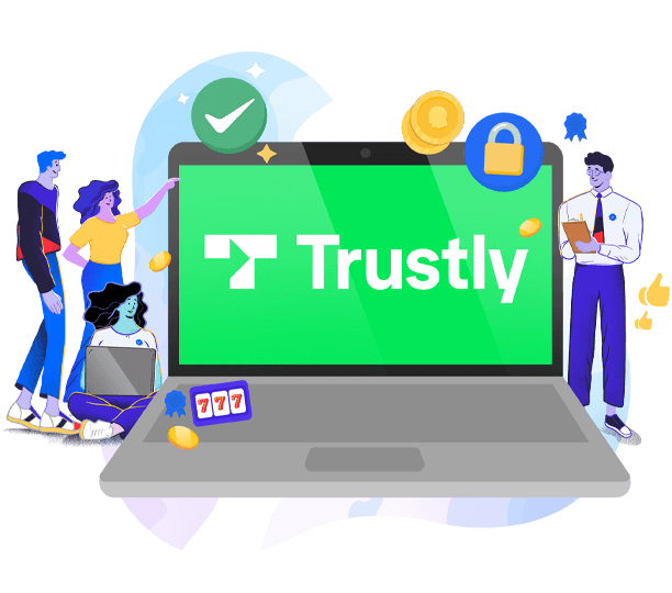 Il logo di Trustly su un desktop gigante, dei ragazzi, fiche, monete e simboli roulette e un luccheto, a simboleggiare la sicurezza dei casinò Trustly