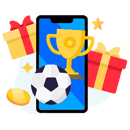 Lo schermo di uno smartphone con un pallone da calcio, una coppa, delle monete e due pacchi regalo