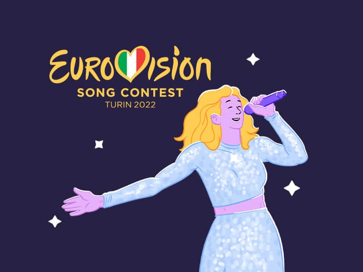 Il logo dell'Eurovision Song Contest 2022 e una ragazza che canta