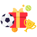 Un pacco regalo con un trofeo, un pallone da calcio e una palla da tennis
