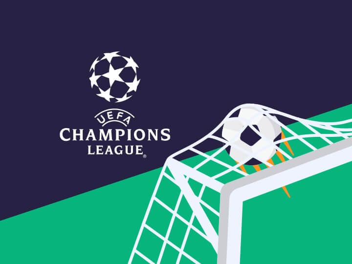 Il logo della Champions League e la stilizzazione di una porta di calcio con un pallone che si insacca