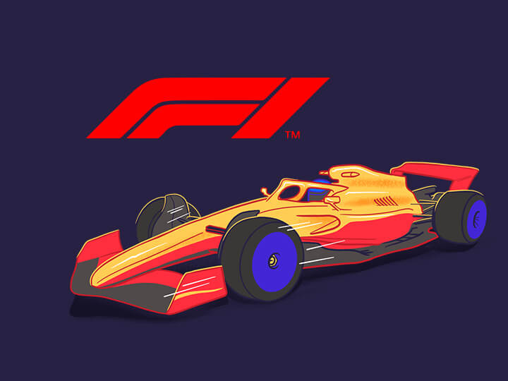 Una macchina di Formula 1 e il logo del Mondiale di automobilismo