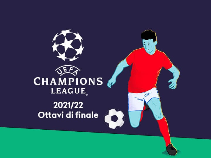 La stilizzazione di un calciatore in azione, il logo della Champions League e il testo "Ottavi di finale 2021/22"