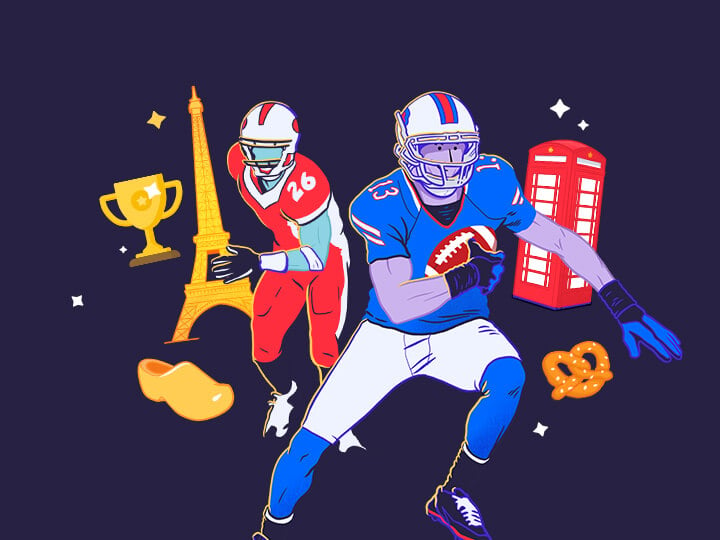 La stilizzazione di due giocatori di football americano, della Tour Eiffel, di una cabina telefonica inglese, di un bretzel e di uno zoccolo olandese e di un trofeo