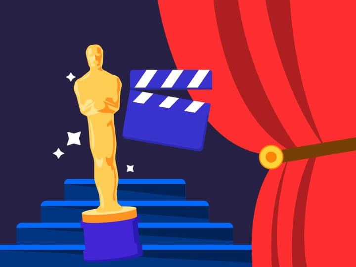 La statuetta degli Oscar, un ciak, una scalinata e un tendone rosso da sipario