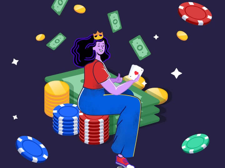 La stilizzazione di una ragazza con una corona e delle carte da gioco seduta su delle fiche, con delle banconote e delle monete